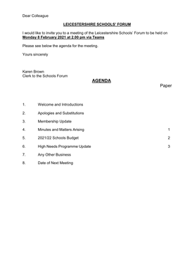 (Public Pack)Agenda Document for Leicestershire Schools' Forum, 08