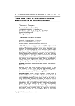 Global Value Chains in the Automotive Industry: an Enhanced Role for Developing Countries?