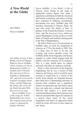 A New World at the Globe 73 John Light Who Plays Thomas Paine Conveys This Sense of Containment and Reserved Passion with Great Skill