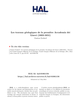 Les Travaux Géologiques De La Première Accademia Dei Lincei (1603-1651) Gaston Godard