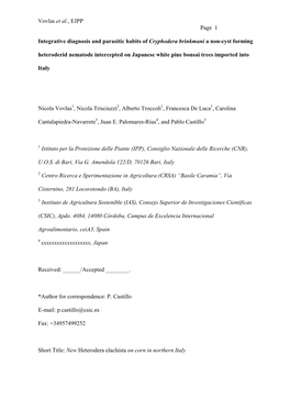 Vovlas Et Al., EJPP Page 1 Integrative Diagnosis and Parasitic Habits of Cryphodera Brinkmani a Non-Cyst Forming Heteroderid Ne