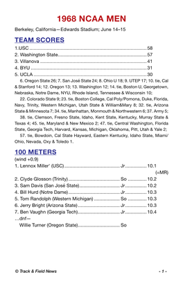 1968 NCAA MEN Berkeley, California—Edwards Stadium; June 14–15 TEAM SCORES 1.USC