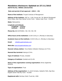 Mandatory Disclosure: Updated on 27/11/2015 AICTE File No.: WRO01-2014137351