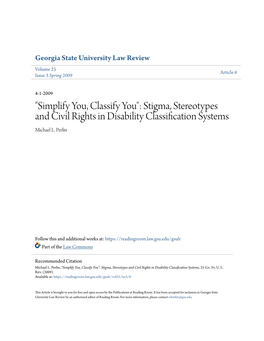 Stigma, Stereotypes and Civil Rights in Disability Classification Systems Michael L