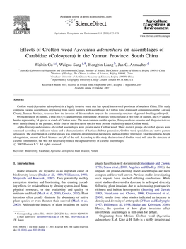 Effects of Crofton Weed Ageratina Adenophora on Assemblages of Carabidae (Coleoptera) in the Yunnan Province, South China