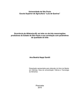 Ocorrência De Aflatoxina M1 Em Leite Cru De Três Mesorregiões Produtoras Do Estado De São Paulo E Sua Correlação Com Parâmetros De Qualidade Do Leite