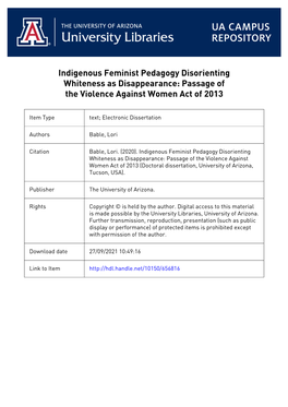 INDIGENOUS FEMINIST PEDAGOGY DISORIENTING WHITENESS AS DISAPPEARANCE: PASSAGE of the VIOLENCE AGAINST WOMEN ACT of 2013 by Dorot