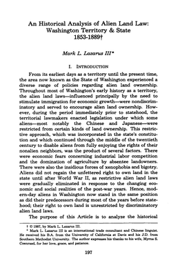 An Historical Analysis of Alien Land Law: Washington Territory & State 1853-1889T