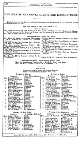 182 Parliament of Canada. MEMBERS of THE