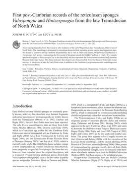 First Post-Cambrian Records of the Reticulosan Sponges Valospongia and Hintzespongia from the Late Tremadocian of North Wales