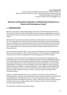 Relevance of Australian Immigration and Multicultural Experience to Poland and Contemporary Europe1