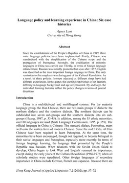 Language Policy and Learning Experience in China: Six Case Histories