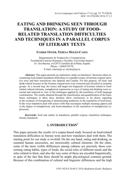 Eating and Drinking Seen Through Translation: a Study of Food- Related Translation Difficulties and Techniques in a Parallel Corpus of Literary Texts