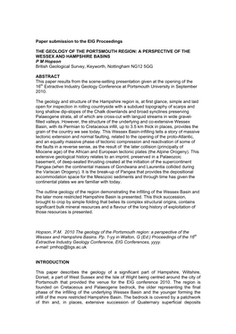 Paper Submission to the EIG Proceedings the GEOLOGY OF