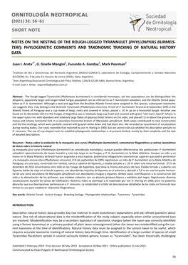 (2021) 32: 56–61 Notes on the Nesting of the Rough-Legged Tyrannulet (Phyllomyias Burmeis- Teri): Phylogenetic Comments and Ta