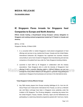 MEDIA RELEASE IE Singapore Paves Inroads for Singapore Food