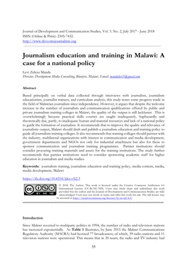 Journalism Education and Training in Malawi: a Case for a National Policy Levi Zeleza Manda Director, Development Media Consulting, Blantyre, Malawi