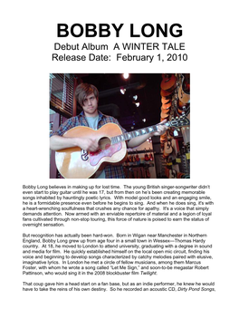 BOBBY LONG Debut Album a WINTER TALE Release Date: February 1, 2010