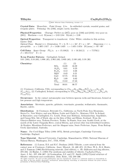 Tilleyite Ca5si2o7(CO3)2 C 2001 Mineral Data Publishing, Version 1.2 ° Crystal Data: Monoclinic