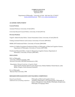 CURRICULUM VITAE Dustin R. Stokes September 2015