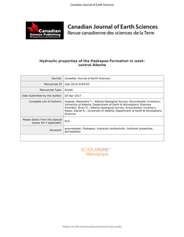 Hydraulic Properties of the Paskapoo Formation in West- Central Alberta