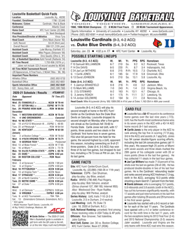 Vs. Duke Blue Devils (5-4, 3-2 ACC) Overall Record 268-121 (12Th Year) Assistant Coach Luke Murray (Fairfield ‘07) Saturday, Jan