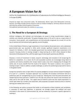 A European Vision for AI Call for the Establishment of a Confederation of Laboratories for Artificial Intelligence Research in Europe (CLAIRE)