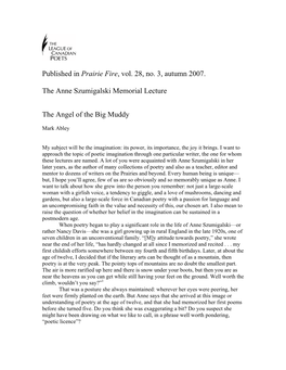 The Anne Szumigalski Memorial Lecture