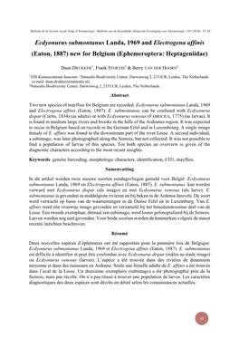 Ecdyonurus Submontanus Landa, 1969 and Electrogena Affinis (Eaton, 1887) New for Belgium (Ephemeroptera: Heptageniidae)