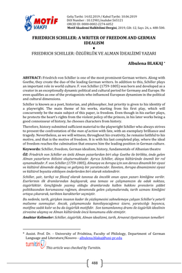 A Writer of Freedom and German Idealism Friedrich Schiller: Özgürlük Ve Alman Idealizmi Yazari