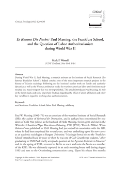 Es Kommt Die Nacht:1 Paul Massing, the Frankfurt School, and the Question of Labor Authoritarianism During World War II