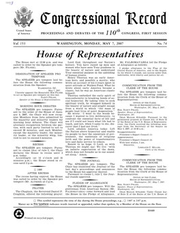 Congressional Record United States Th of America PROCEEDINGS and DEBATES of the 110 CONGRESS, FIRST SESSION