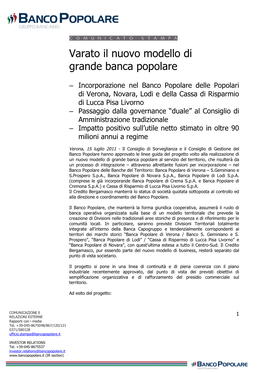 Varato Il Nuovo Modello Di Grande Banca Popolare