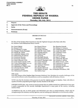 THE SENATE FEDERAL REPUBLIC of NIGERIA ORDER PAPER Thursday, 4Th July, 2013 1