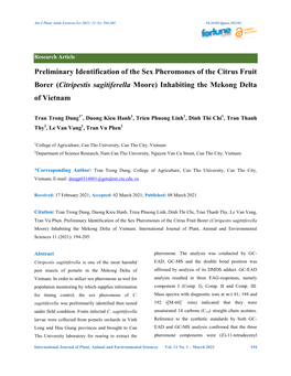 Preliminary Identification of the Sex Pheromones of the Citrus Fruit Borer (Citripestis Sagitiferella Moore) Inhabiting the Mekong Delta of Vietnam