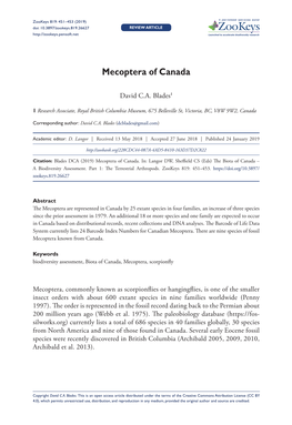 Mecoptera of Canada 451 Doi: 10.3897/Zookeys.819.26627 REVIEW ARTICLE Launched to Accelerate Biodiversity Research