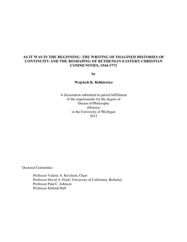 The Writing of Imagined Histories of Continuity and the Reshaping of Ruthenian Eastern Christian Communities, 1544-1772