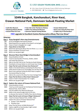 5D4N Bangkok, Kanchanaburi, River Kwai, Erawan National Park, Damnoen Saduak Floating Market