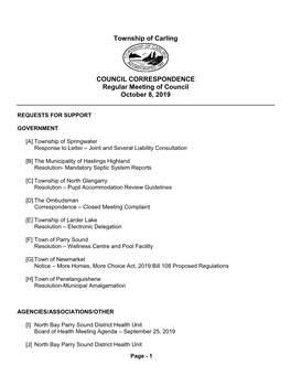 Township of Carling COUNCIL CORRESPONDENCE Regular