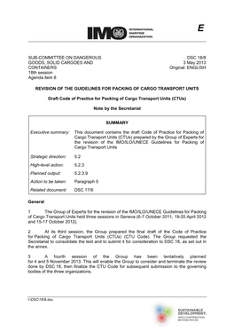 SUB-COMMITTEE on DANGEROUS GOODS, SOLID CARGOES and CONTAINERS 18Th Session Agenda Item 8 DSC 18/8 3 May 2013 Original: ENGLISH