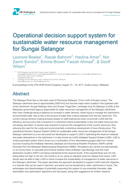 Operational Decision Support System for Sustainable Water Resource Management for Sungai Selangor Leonore Boelee Et Al