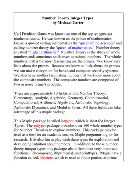 Number Theory Integer Types by Michael Carter Carl Friedrich Gauss