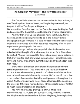 The Gospel in Mayberry – the New Housekeeper Page 1 of 7 Rev