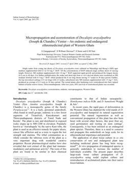 Micropropagation and Ecorestoration of Decalepis Arayalpathra (Joseph & Chandra.) Venter—An Endemic and Endangered Ethnomedicinal Plant of Western Ghats