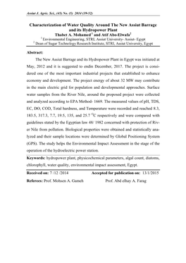 Characterization of Water Quality Around the New Assiut Barrage and Its Hydropower Plant Thabet A