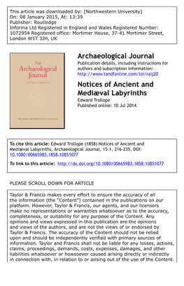 Archaeological Journal Notices of Ancient and Mediæval Labyrinths