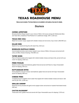 Texas Roadhouse Food and Drink Menu