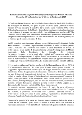 Comunicato Stampa Congiunto Presidenza Del Consiglio Dei Ministri E Unione Comunità Ebraiche Italiane Per Il Giorno Della Memoria 2020