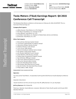 Tesla Motors (TSLA) Earnings Report: Q4 2015 Conference Call Transcript