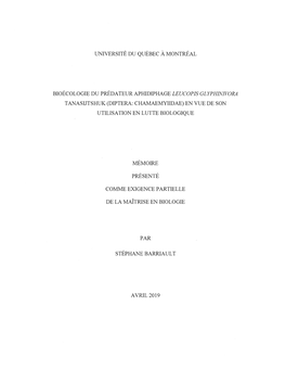 Bioécologie Du Prédateur Aphidiphage Leucopis Glyphinivora Tanasijtshuk (Diptera : Chamaemyiidae) En Vue De Son Utilisation En